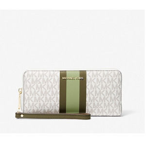 MICHAEL MICHAEL KORS Logo Stripe Continental Wristlet Wallet Sage/Olive NWT